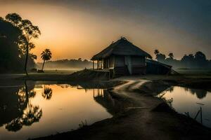 uma pequeno cabana senta em a Beira do uma lago às nascer do sol. gerado por IA foto