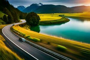 uma carro dirigindo em uma estrada perto uma lago. gerado por IA foto