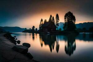 uma casa senta em a costa do uma lago às pôr do sol. gerado por IA foto