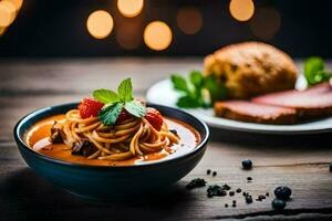 uma tigela do massa com tomate molho e carne em uma de madeira mesa. gerado por IA foto