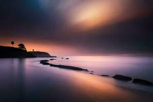 uma grandes exposição fotografia do a oceano às pôr do sol. gerado por IA foto