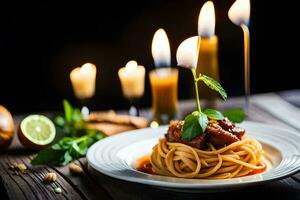 espaguete com carne e legumes em uma prato com velas. gerado por IA foto