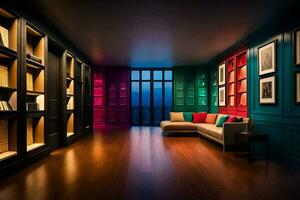 uma quarto com colorida paredes e de madeira andares. gerado por IA foto