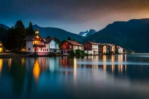 foto papel de parede a céu, montanhas, lago, casas, a noite, a montanhas, a lago. gerado por IA