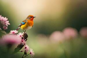 uma colorida pássaro é empoleirado em uma ramo dentro uma campo. gerado por IA foto