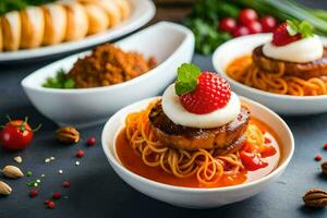três taças do espaguete com almôndegas e tomates. gerado por IA foto