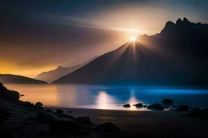 a Sol brilha sobre uma montanha alcance e uma lago. gerado por IA foto