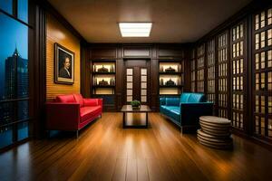 uma quarto com de madeira pavimentos e vermelho sofás. gerado por IA foto