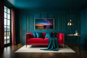 uma vermelho sofá dentro uma quarto com azul paredes. gerado por IA foto
