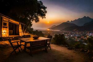 uma mesa e cadeiras sentar dentro frente do uma barraca às pôr do sol. gerado por IA foto