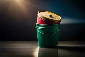uma vermelho e verde balde com uma tampa em topo. gerado por IA foto