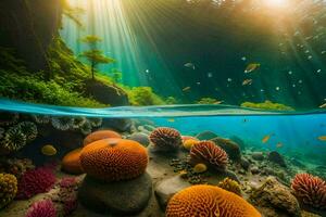 a Sol brilha sobre uma coral recife e peixe. gerado por IA foto