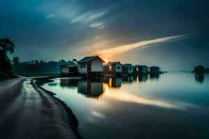 uma lago com casas em isto às pôr do sol. gerado por IA foto