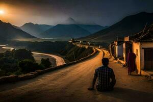 uma homem senta em a lado do uma estrada dentro frente do uma montanha. gerado por IA foto