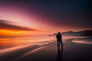 uma homem em pé em a de praia às pôr do sol. gerado por IA foto