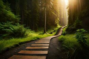 uma caminho dentro a floresta com Sol brilhando através a árvores gerado por IA foto