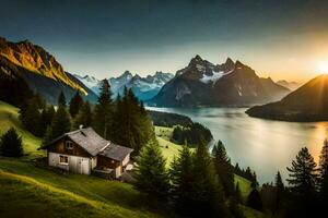 uma cabine dentro a montanhas negligenciar uma lago e montanhas. gerado por IA foto