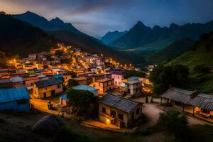 uma Vila dentro a montanhas às noite. gerado por IA foto