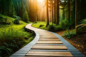 uma de madeira caminho dentro a floresta com Sol brilhando através. gerado por IA foto