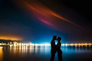 uma casal se beijando dentro frente do a água às noite. gerado por IA foto