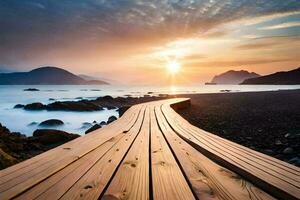 uma de madeira calçadão conduz para a oceano às pôr do sol. gerado por IA foto