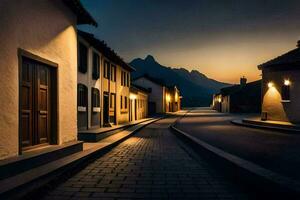 uma rua dentro a montanhas às crepúsculo. gerado por IA foto