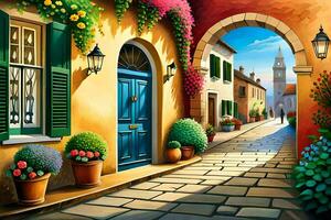 a ilustração do uma rua com flores e uma azul porta. gerado por IA foto