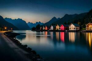 colorida casas em a costa do uma lago às noite. gerado por IA foto