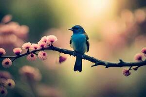 uma azul pássaro senta em uma ramo com Rosa flores gerado por IA foto