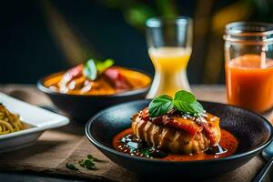 uma prato do Comida com tomate molho e massa. gerado por IA foto