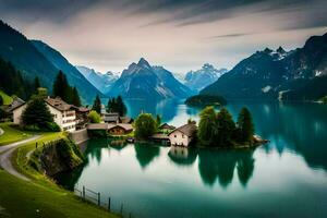 uma lago e montanha Vila dentro a Alpes. gerado por IA foto