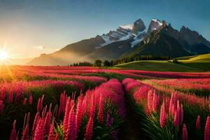 a Sol sobe sobre uma campo do Rosa flores e montanhas. gerado por IA foto