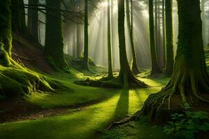 uma floresta com árvores e musgoso chão. gerado por IA foto