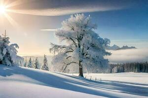 uma árvore coberto dentro neve dentro a Sol. gerado por IA foto