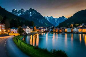 uma Cidade e lago às crepúsculo dentro a montanhas. gerado por IA foto