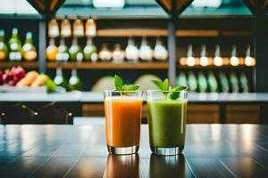 dois óculos do suco em uma mesa dentro frente do uma bar. gerado por IA foto