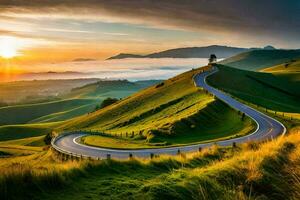 a estrada para a pôr do sol. gerado por IA foto