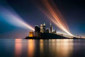 uma cidade Horizonte às noite com luz trilhas. gerado por IA foto