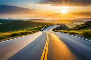 uma estrada com a Sol configuração sobre a colinas. gerado por IA foto