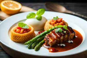 uma prato com carne, espargos e tomates. gerado por IA foto