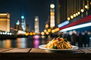 uma prato do massa é em uma mesa dentro frente do uma paisagem urbana. gerado por IA foto