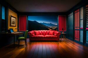 uma vermelho couro sofá senta dentro frente do uma janela com montanhas dentro a fundo. gerado por IA foto