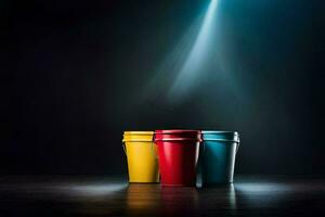 três colorida copos em uma Sombrio chão com uma Holofote. gerado por IA foto