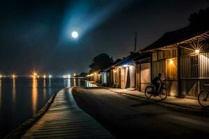 uma homem em uma bicicleta é equitação baixa uma caminho às noite. gerado por IA foto