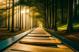 uma de madeira caminho conduz para a Sol dentro a floresta. gerado por IA foto