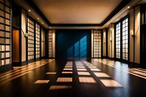 uma quarto com de madeira pavimentos e janelas. gerado por IA foto
