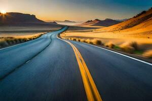 uma grandes estrada dentro a deserto com a Sol contexto. gerado por IA foto