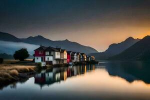 casas em a costa do uma lago às pôr do sol. gerado por IA foto