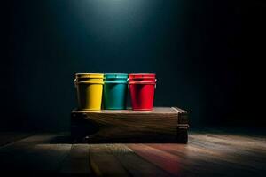 três colorida copos sentar em topo do uma de madeira caixa. gerado por IA foto