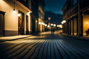 uma rua às noite com luzes em a edifícios. gerado por IA foto